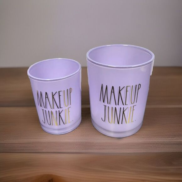 Rae Dunn MAKEUP BRUSHES Purple Glass Containers with Gold Wording • Set of 2 - Picture 9 of 9